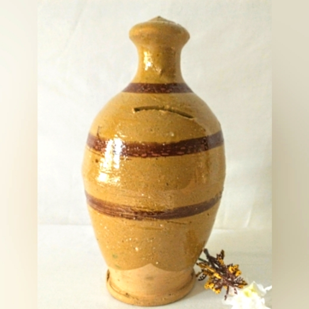 Vintage OOAK Pottery Piggy Bank- Hand Painted - Signed !